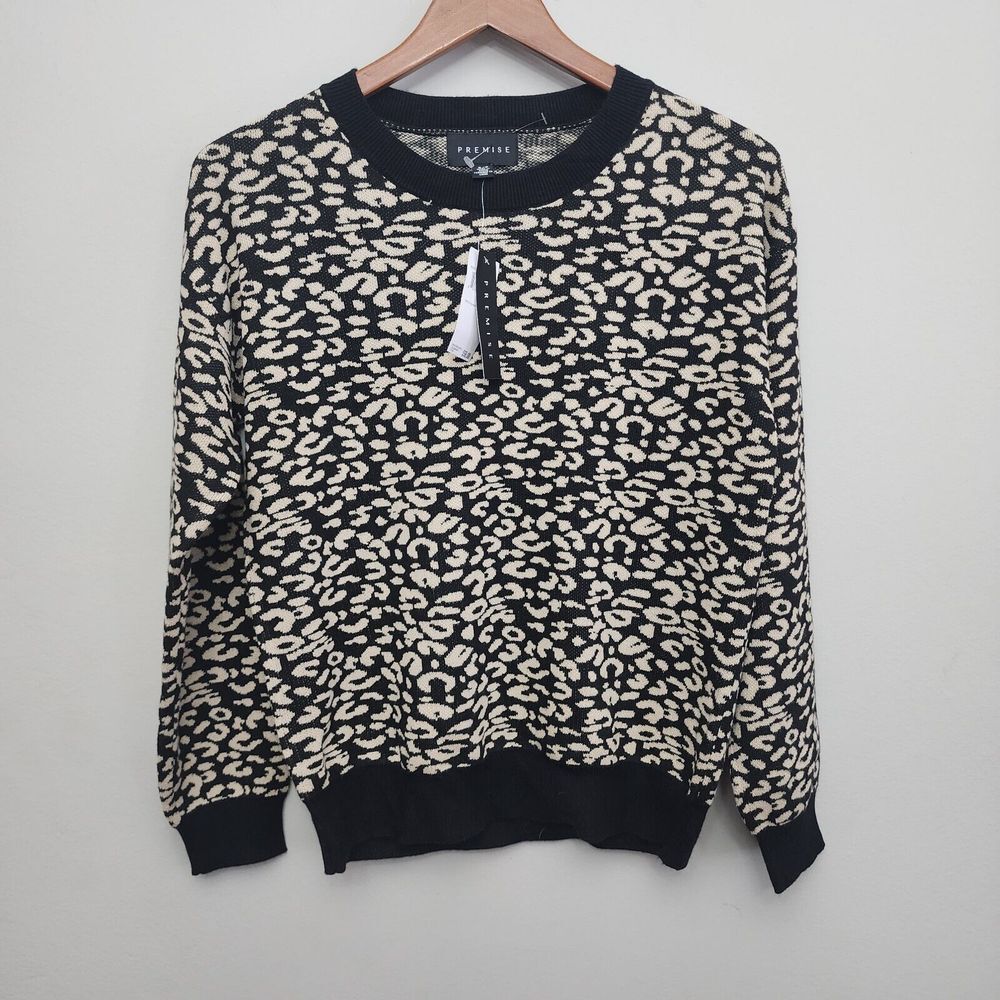 Premise Womens Leopard Print‎ Crew Neck Sweater Black Camel P290719 Small NWT